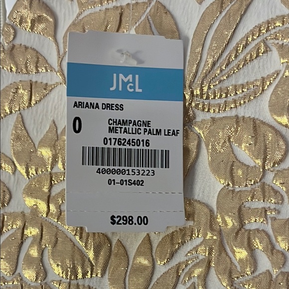 J. McLaughlin Champagne Metallic Palm Leaf Dress with Cap Sleeves V-Neck - Picture 2 of 9